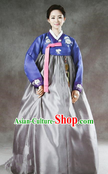 Korean Traditional Handmade Palace Hanbok Blue Blouse and Grey Dress Fashion Apparel Bride Costumes for Women