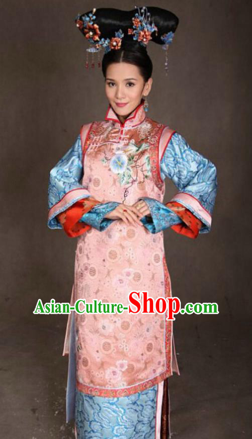 Chinese Ancient Qing Dynasty Manchu Imperial Concubine Jing Embroidered Costume for Women