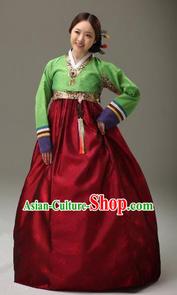 Top Grade Korean Traditional Palace Hanbok Green Blouse and Wine Red Dress Fashion Apparel Bride Costumes for Women