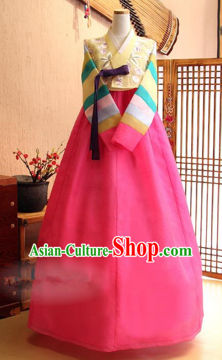 Top Grade Korean Traditional Palace Hanbok Yellow Blouse and Pink Dress Fashion Apparel Bride Costumes for Women
