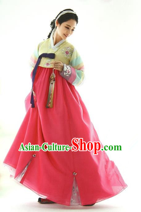 Top Grade Korean Traditional Palace Hanbok Yellow Blouse and Pink Dress Fashion Apparel Bride Costumes for Women