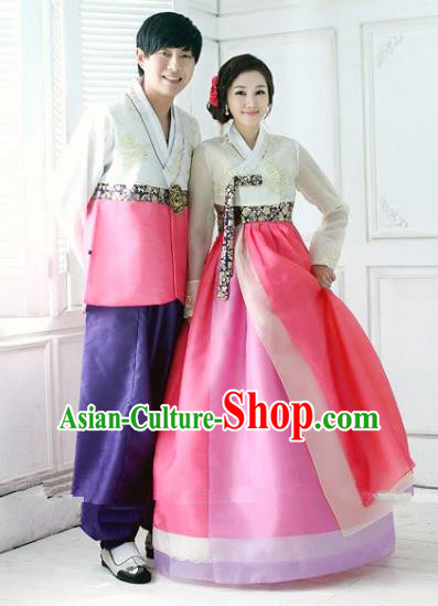 Asian Korean Traditional Palace Wedding Hanbok Clothing Ancient Korean Bride and Bridegroom Costumes Complete Set