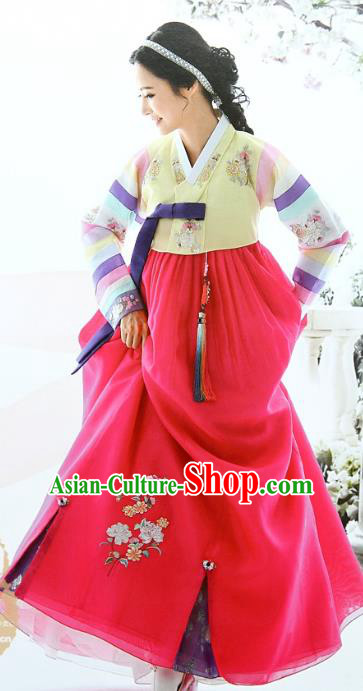 Top Grade Korean Bride Traditional Palace Hanbok Yellow Blouse and Red Dress Fashion Apparel Costumes for Women