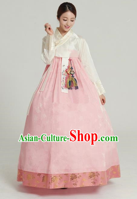 Top Grade Korean Bride Traditional Palace Hanbok White Blouse and Pink Dress Fashion Apparel Costumes for Women