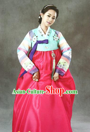 Top Grade Korean Bride Traditional Palace Hanbok Blue Blouse and Rosy Dress Fashion Apparel Costumes for Women