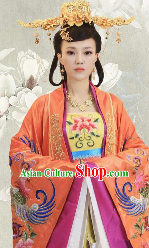Ancient Chinese Ming Dynasty Empress Xu of Zhu Di Embroidered Dress Replica Costume and Headpiece Complete Set for Women