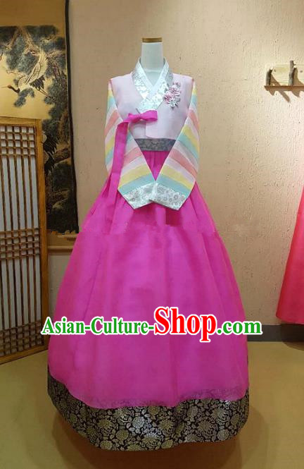 Top Grade Korean Palace Hanbok Bride Traditional Pink Blouse and Rosy Dress Fashion Apparel Costumes for Women