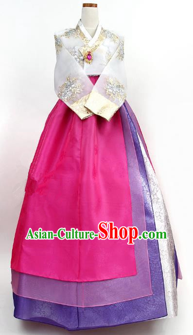 Top Grade Korean Palace Hanbok Bride Traditional White Blouse and Rosy Dress Fashion Apparel Costumes for Women