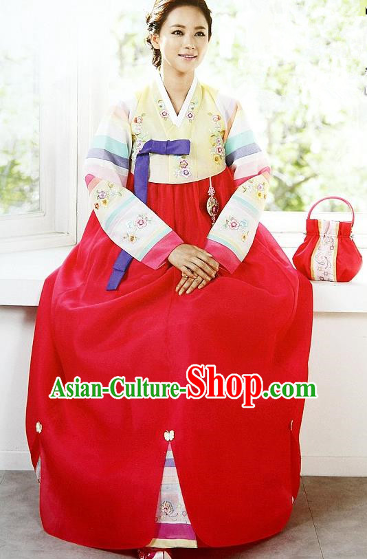 Top Grade Korean Palace Hanbok Traditional Yellow Blouse and Red Dress Fashion Apparel Costumes for Women