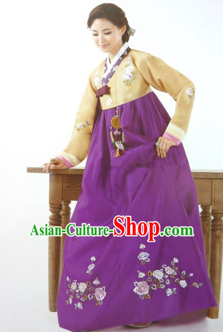 Top Grade Korean Palace Hanbok Traditional Yellow Blouse and Purple Dress Fashion Apparel Costumes for Women