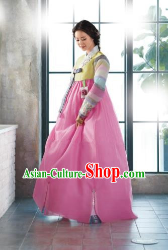 Top Grade Korean Hanbok Traditional Yellow Blouse and Pink Dress Fashion Apparel Costumes for Women