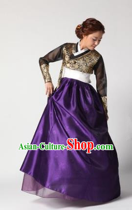 Top Grade Korean Hanbok Traditional Golden Blouse and Purple Dress Fashion Apparel Costumes for Women