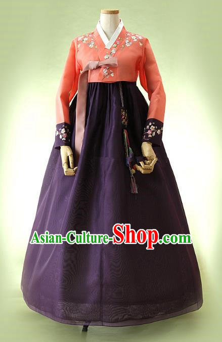 Top Grade Korean Hanbok Traditional Red Blouse and Purple Dress Fashion Apparel Costumes for Women