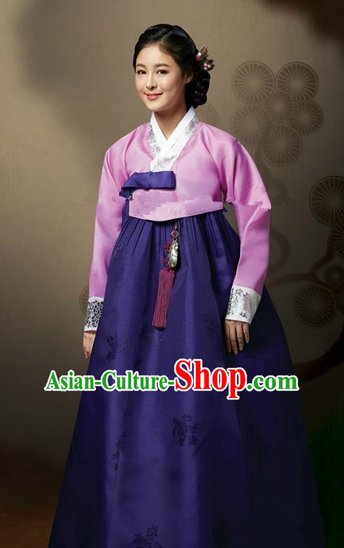 Top Grade Korean Hanbok Traditional Pink Blouse and Purple Dress Fashion Apparel Costumes for Women