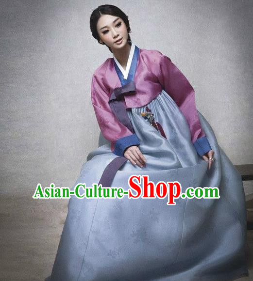 Top Grade Korean Hanbok Traditional Pink Blouse and Blue Dress Fashion Apparel Costumes for Women