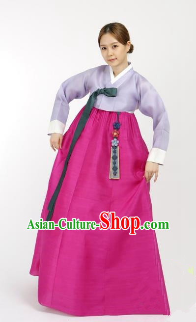 Top Grade Korean Hanbok Traditional Bride Lilac Blouse and Rosy Dress Fashion Apparel Costumes for Women