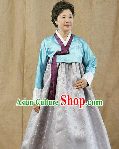 Top Grade Korean Traditional Hanbok Blue Blouse and Grey Dress Fashion Apparel Costumes for Women