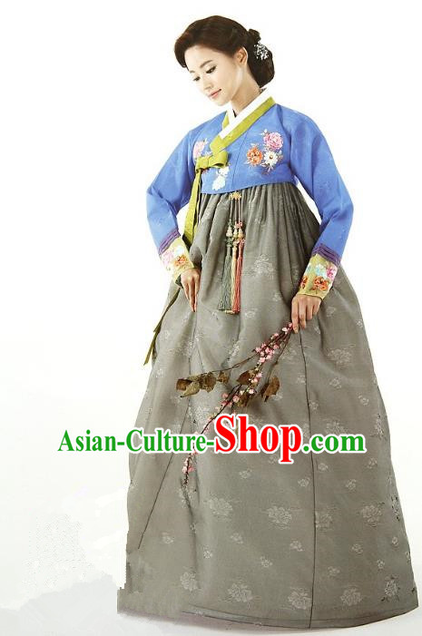 Top Grade Korean Traditional Hanbok Blue Blouse and Grey Dress Fashion Apparel Costumes for Women