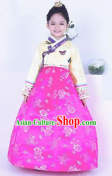 Top Grade Korean Traditional Hanbok Girls Yellow Blouse and Rosy Dress Fashion Apparel Costumes for Kids