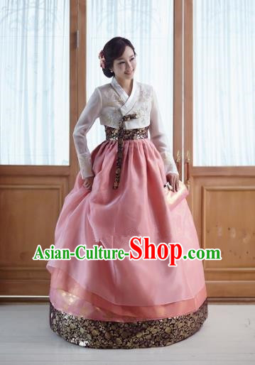 Top Grade Korean Traditional Hanbok Embroidered White Blouse and Pink Dress Fashion Apparel Costumes for Women