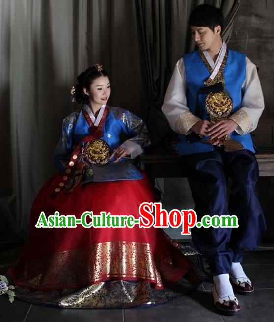 Asian Korean Palace Traditional Wedding Embroidered Hanbok Ancient Korean Bride and Bridegroom Costumes Complete Set