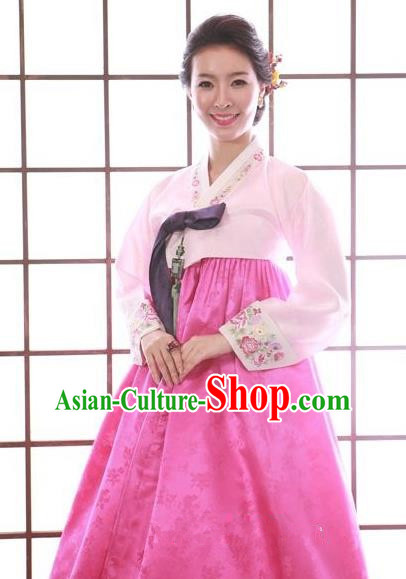 Top Grade Korean Traditional Hanbok Pink Blouse and Rosy Dress Fashion Apparel Costumes for Women