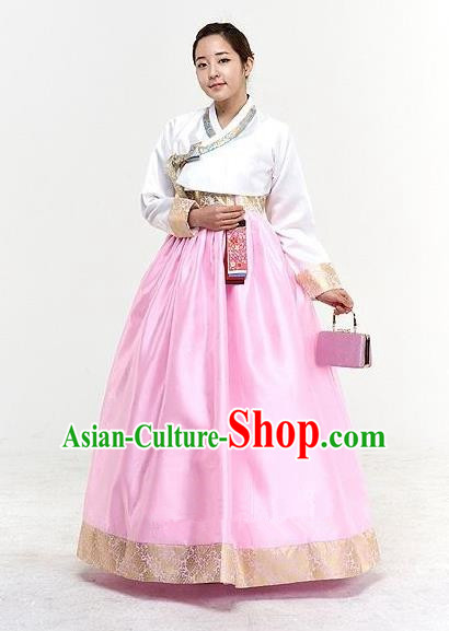 Top Grade Korean Traditional Hanbok Bride White Blouse and Pink Dress Fashion Apparel Costumes for Women