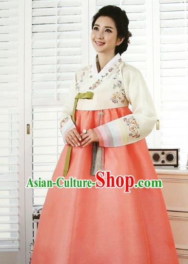 Top Grade Korean Traditional Hanbok Bride White Blouse and Orange Dress Fashion Apparel Costumes for Women