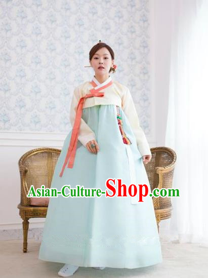 Top Grade Korean Hanbok Traditional White Blouse and Blue Dress Fashion Apparel Costumes for Women