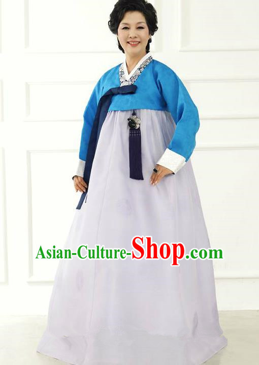 Top Grade Korean Hanbok Traditional Hostess Blue Blouse and White Dress Fashion Apparel Costumes for Women