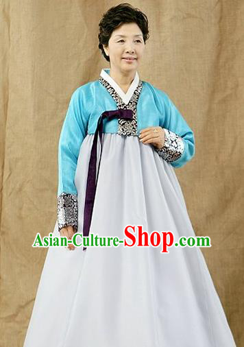 Top Grade Korean Hanbok Traditional Blue Blouse and White Dress Fashion Apparel Costumes for Women