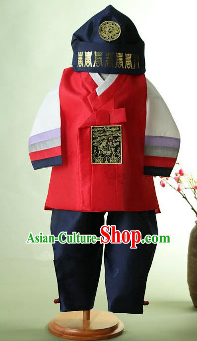 Asian Korean Hanbok Ancient Palace Boys Red Shirt and Pants Traditional Costume for Kids