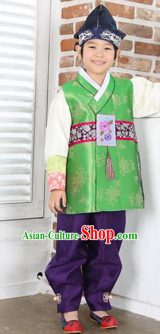 Asian Korean Hanbok Ancient Palace Boys Green Shirt and Purple Pants Traditional Costume for Kids