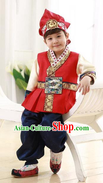 Asian Korean Hanbok Ancient Palace Boys Red Shirt and Blue Pants Traditional Costume for Kids