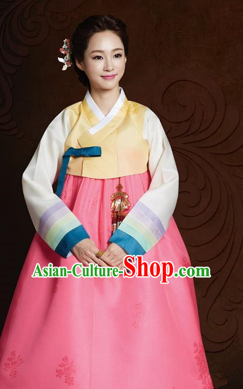 Top Grade Korean Hanbok Traditional Yellow Blouse and Pink Dress Fashion Apparel Costumes for Women