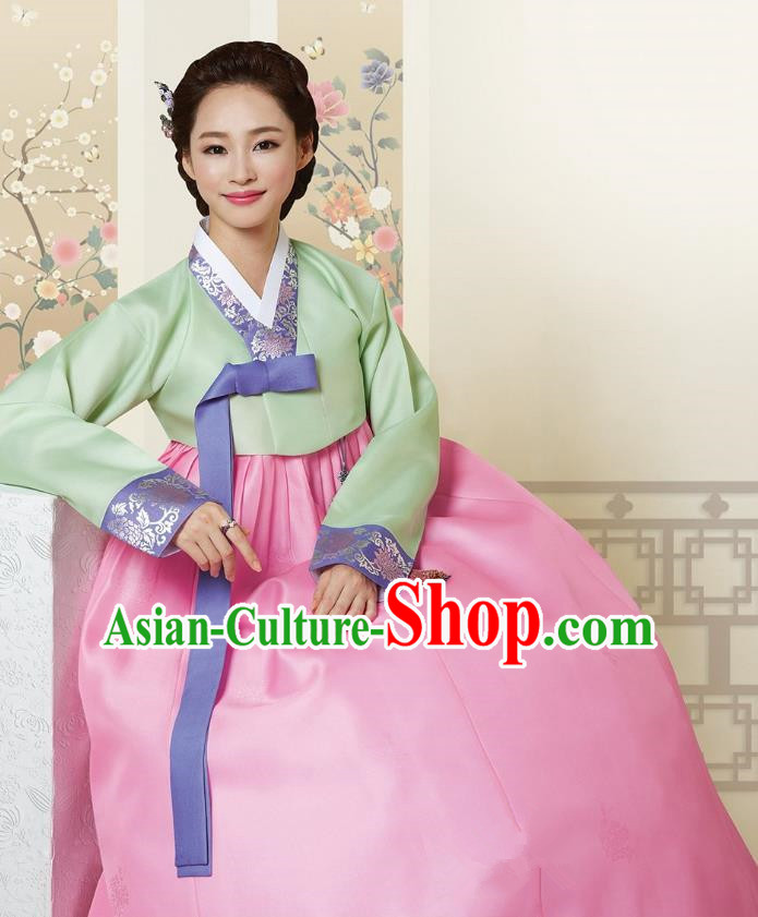 Top Grade Korean Hanbok Traditional Green Blouse and Pink Dress Fashion Apparel Costumes for Women