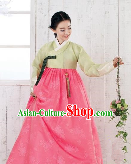 Top Grade Korean Hanbok Traditional Green Blouse and Pink Dress Fashion Apparel Costumes for Women