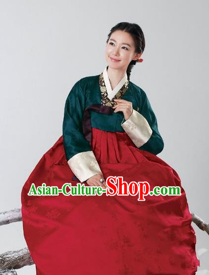 Top Grade Korean Hanbok Traditional Atrovirens Blouse and Red Dress Fashion Apparel Costumes for Women