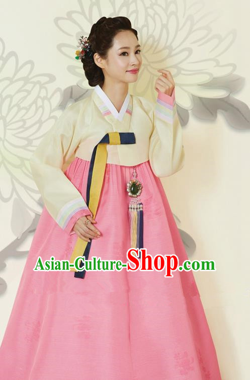 Top Grade Korean Hanbok Traditional Yellow Blouse and Pink Dress Fashion Apparel Costumes for Women