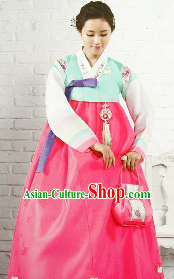 Top Grade Korean Hanbok Traditional Green Blouse and Rosy Dress Fashion Apparel Costumes for Women