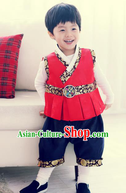 Asian Korean Hanbok Ancient Palace Boys Red Shirt and Pants Traditional Costume for Kids