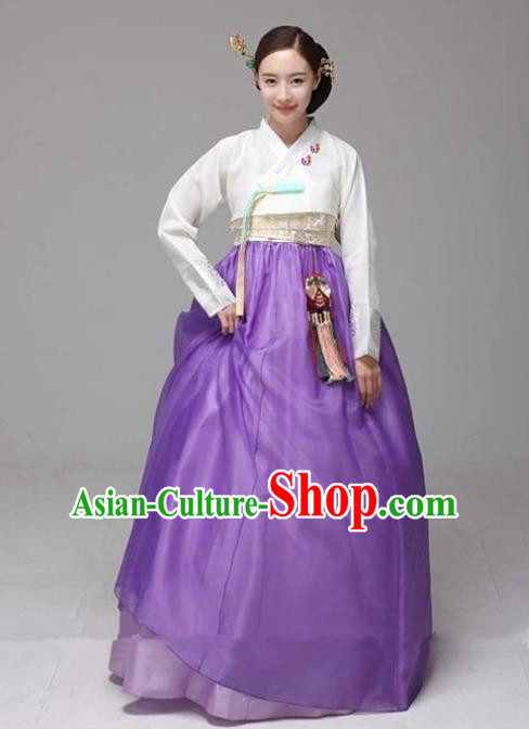 Top Grade Korean Hanbok Traditional White Blouse and Purple Dress Fashion Apparel Costumes for Women
