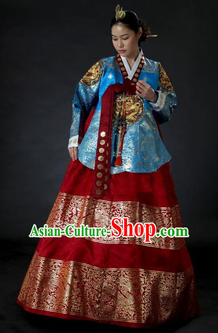 Top Grade Korean Palace Hanbok Traditional Blue Blouse and Red Dress Fashion Apparel Costumes for Women