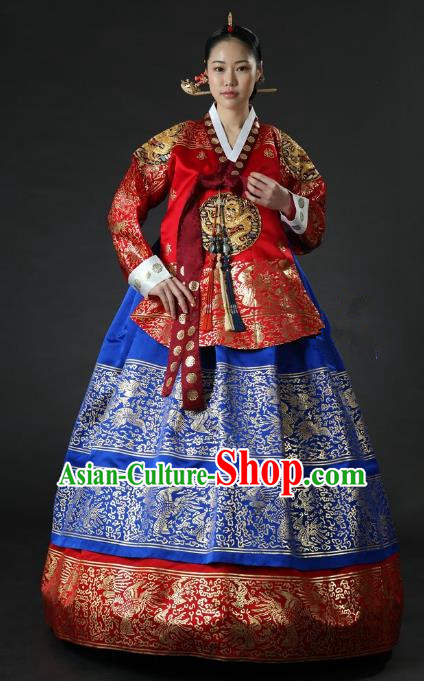 Top Grade Korean Palace Hanbok Traditional Empress Red Blouse and Blue Dress Fashion Apparel Costumes for Women