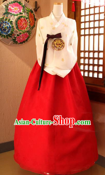 Top Grade Korean Palace Hanbok Traditional Empress Beige Blouse and Red Dress Fashion Apparel Costumes for Women