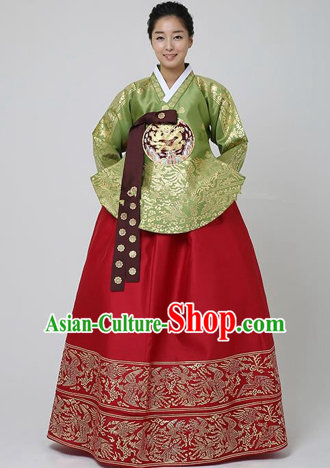 Top Grade Korean Traditional Palace Hanbok Ancient Empress Green Blouse and Red Dress Fashion Apparel Costumes for Women