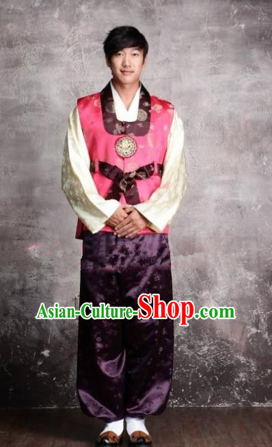 Asian Korean Hanbok Ancient Bridegroom Traditional Costume Pink Vest and Purple Pants for Men