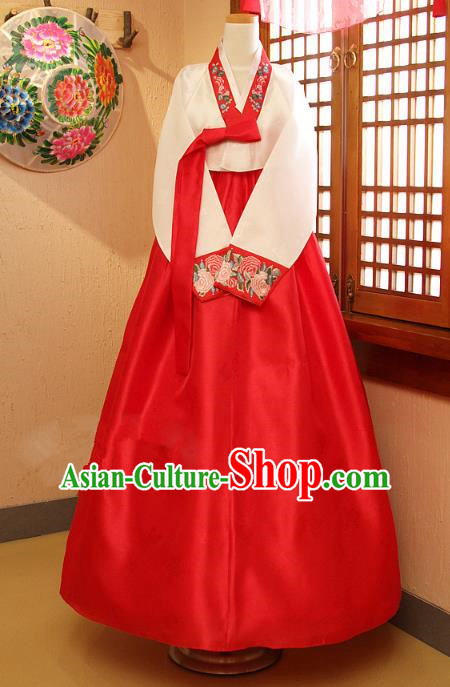 Top Grade Korean Traditional Palace Hanbok Ancient White Blouse and Red Dress Fashion Apparel Costumes for Women