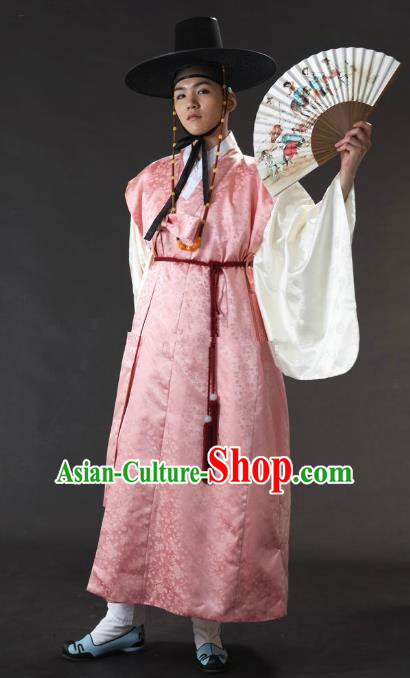 Asian Korean Traditional Costume Ancient Nobility Childe Bridegroom Pink Hanbok for Men