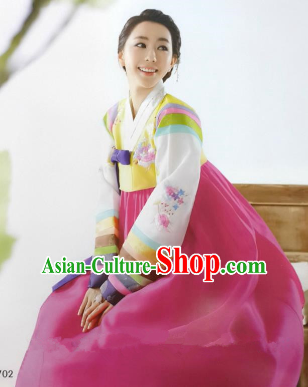 Top Grade Korean Traditional Hanbok Ancient Palace Yellow Blouse and Rosy Dress Fashion Apparel Costumes for Women